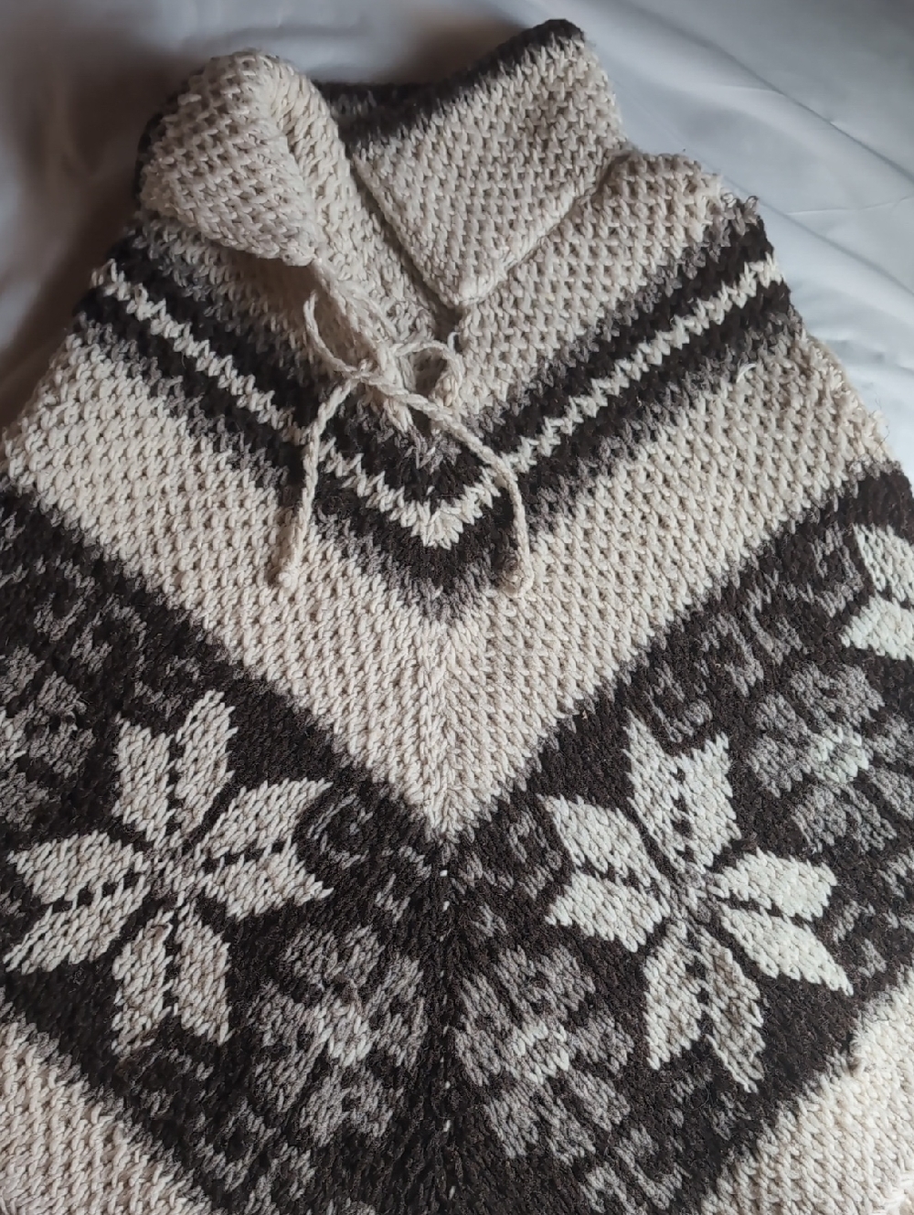 Handmade Knit Poncho in Cream and Dark Brown